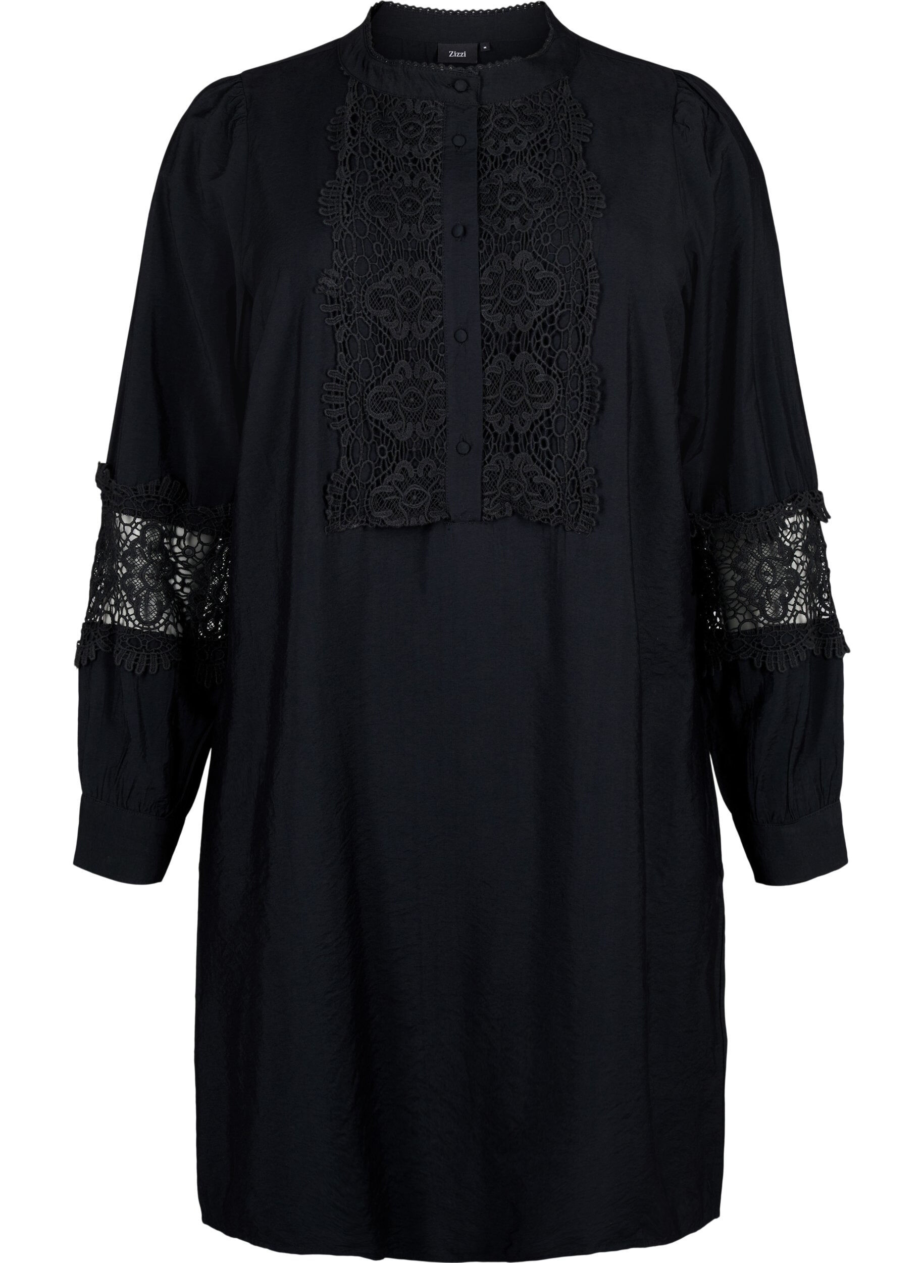 Zizzifashion Viscose dress with crochet details, Black, Packshot image number 0