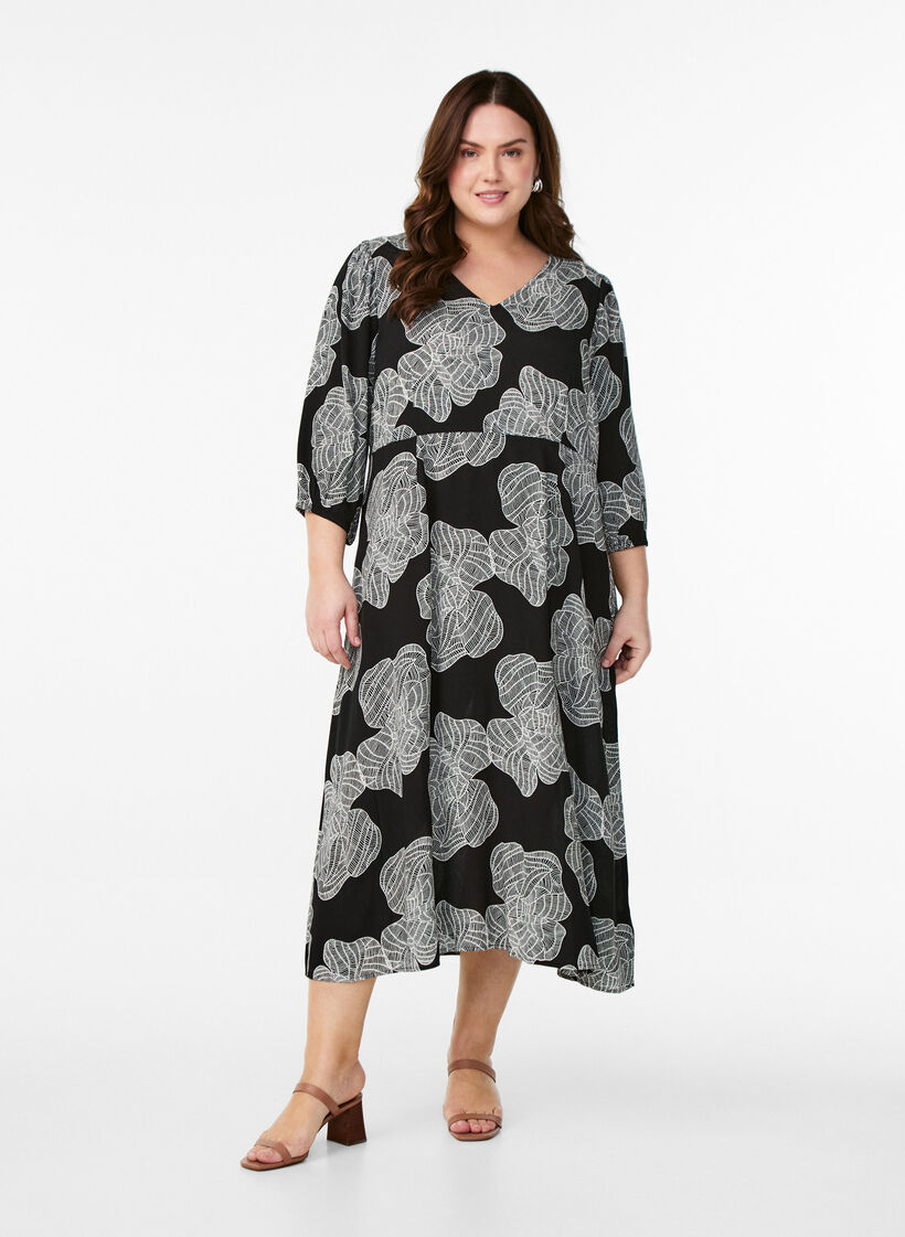 Midi dress with floral print and 3/4 sleeves, Black, Model image number 1