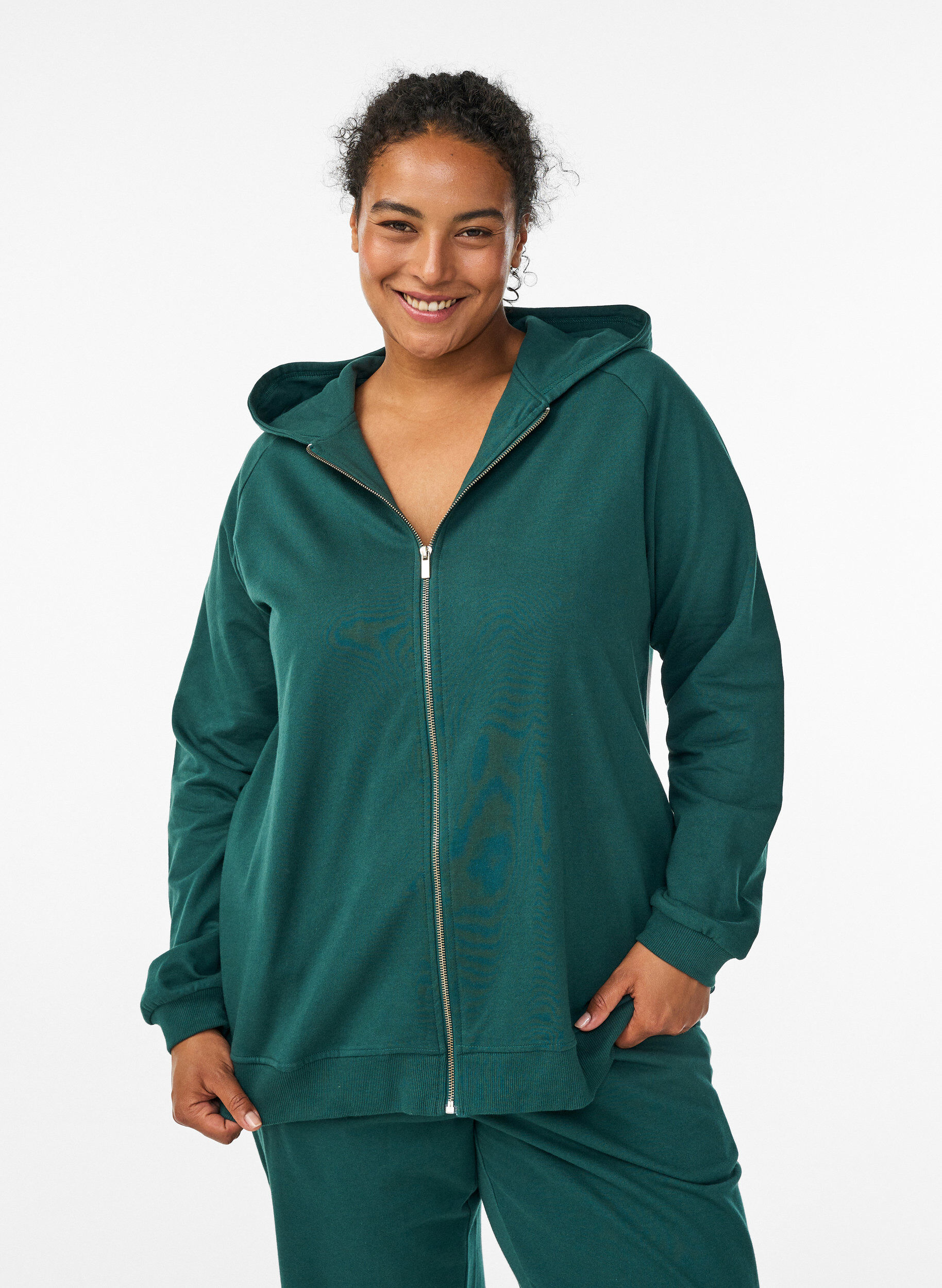 Hoodie with zipper and back print, Green, Model