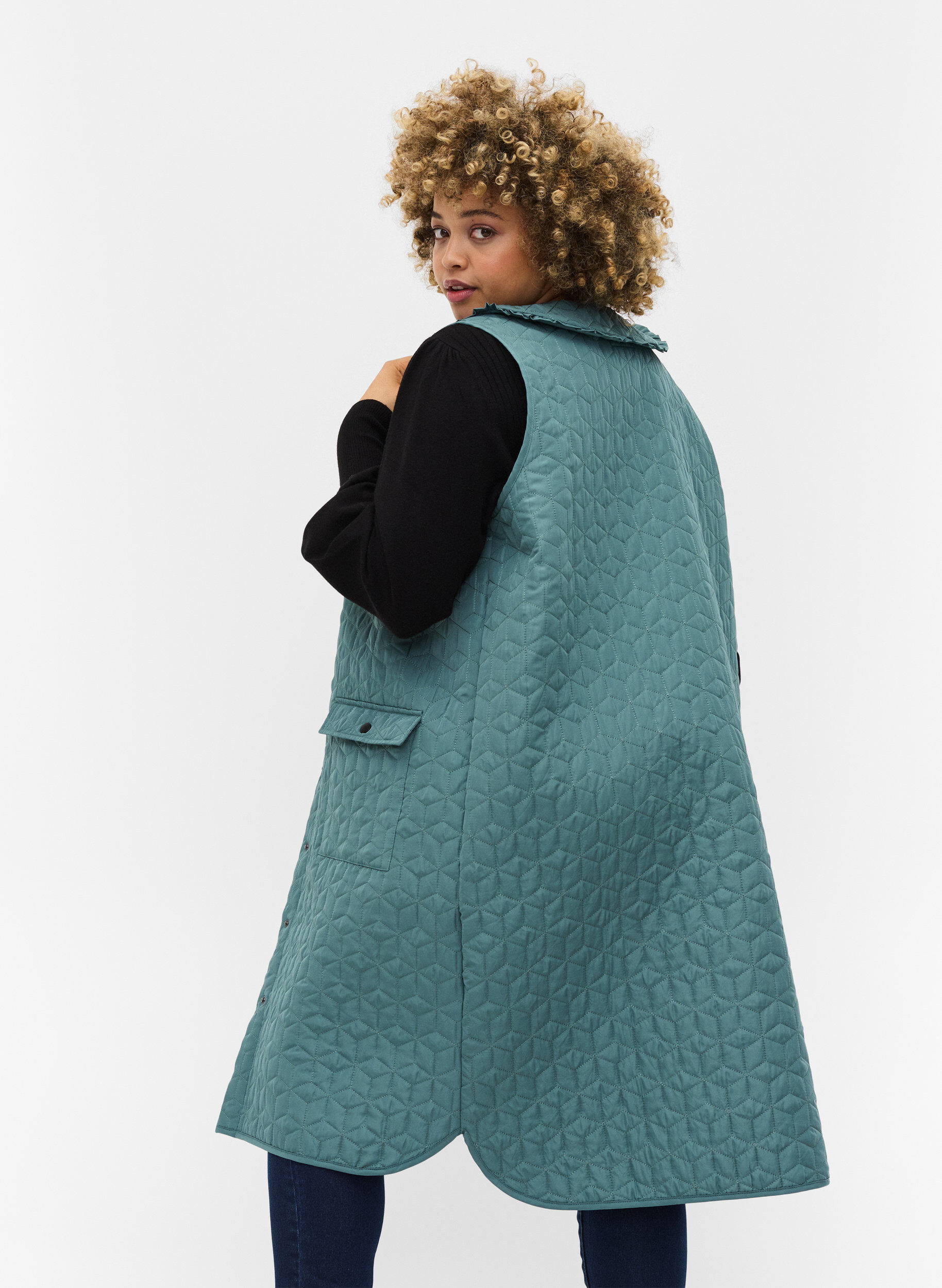 Zizzifashion Long quilted vest with collar and frills, Sagebrush Green, Model image number 1