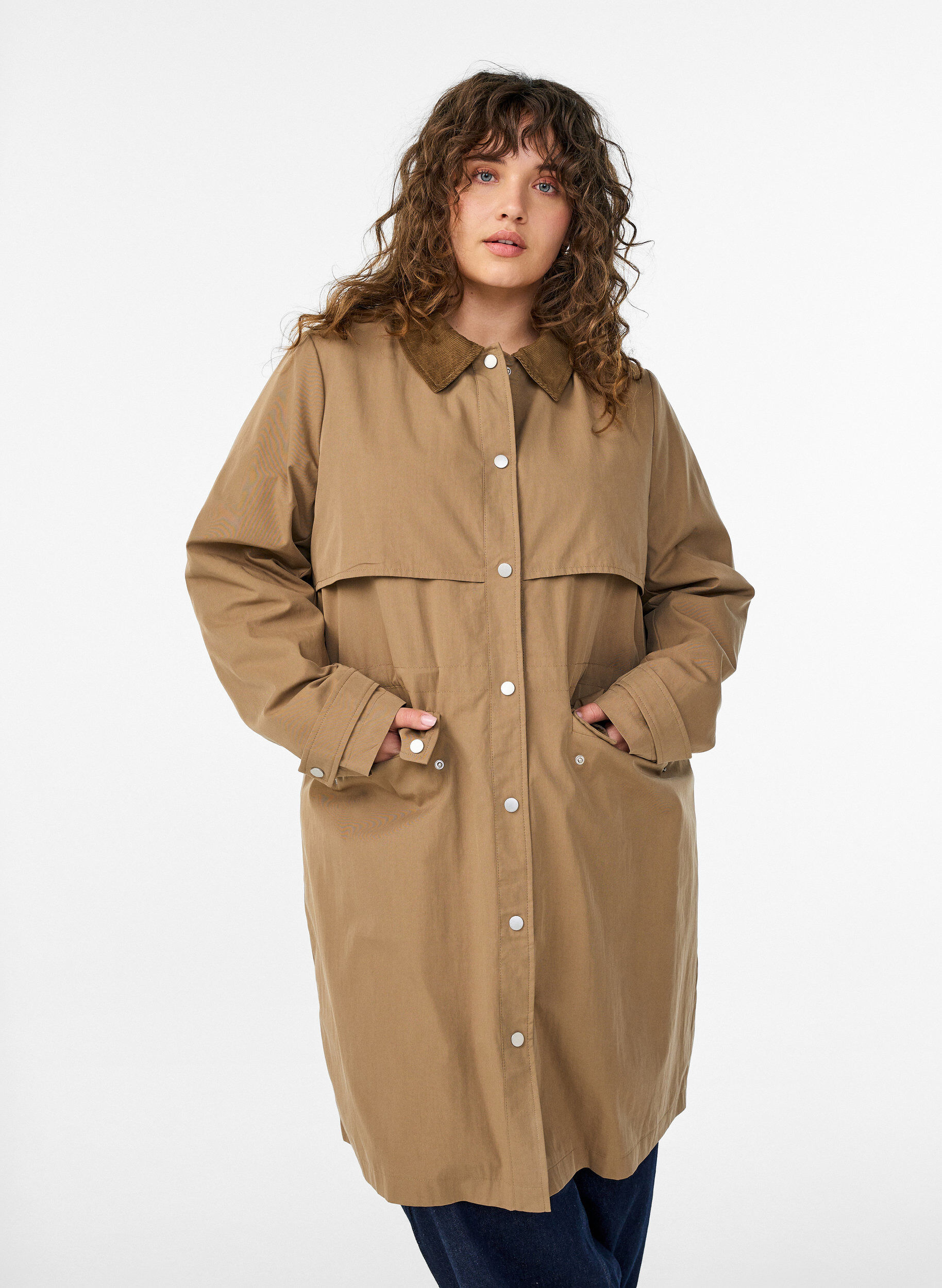 Long spring parka with corduroy collar, Brown, Model