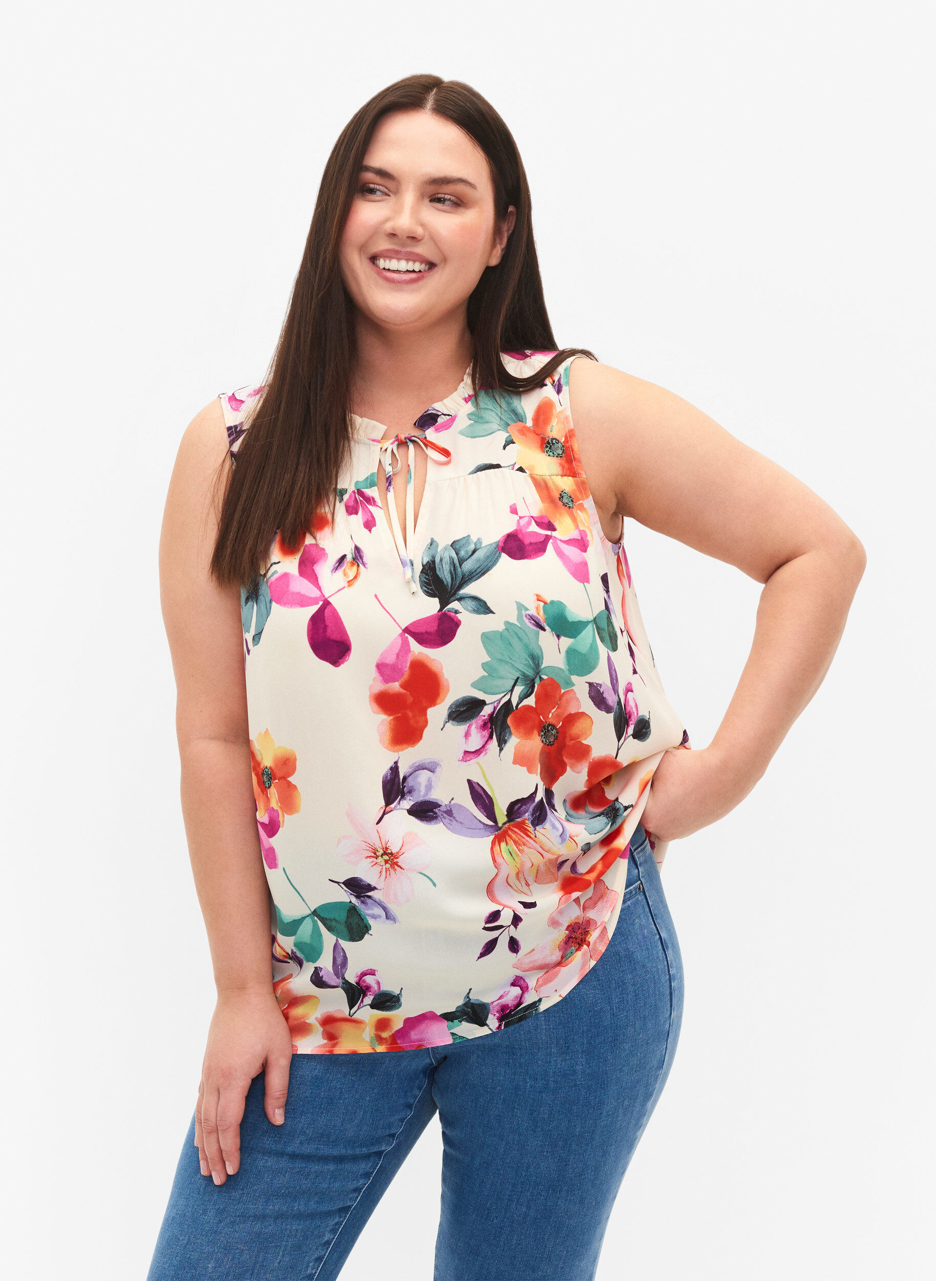 Zizzifashion Floral top with tie detail, Buttercream Flower, Model image number 0
