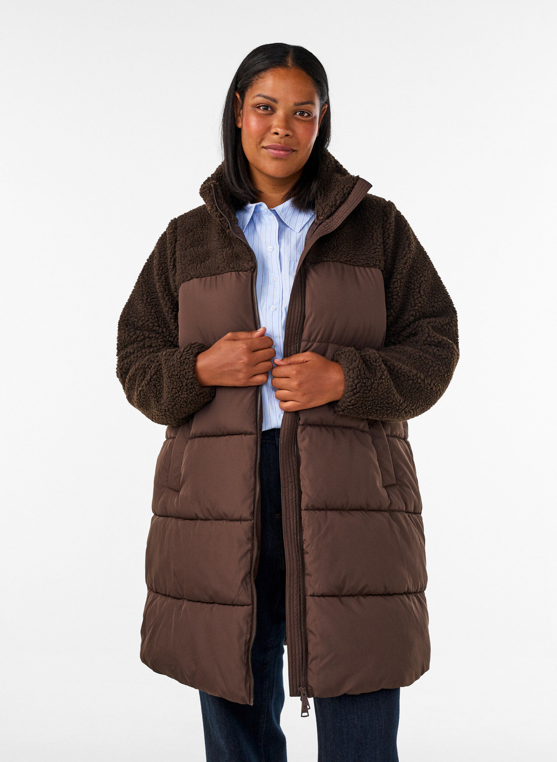 ZizzifashionMid-length puffer jacket with teddy fleece, Brown, Model image number 0