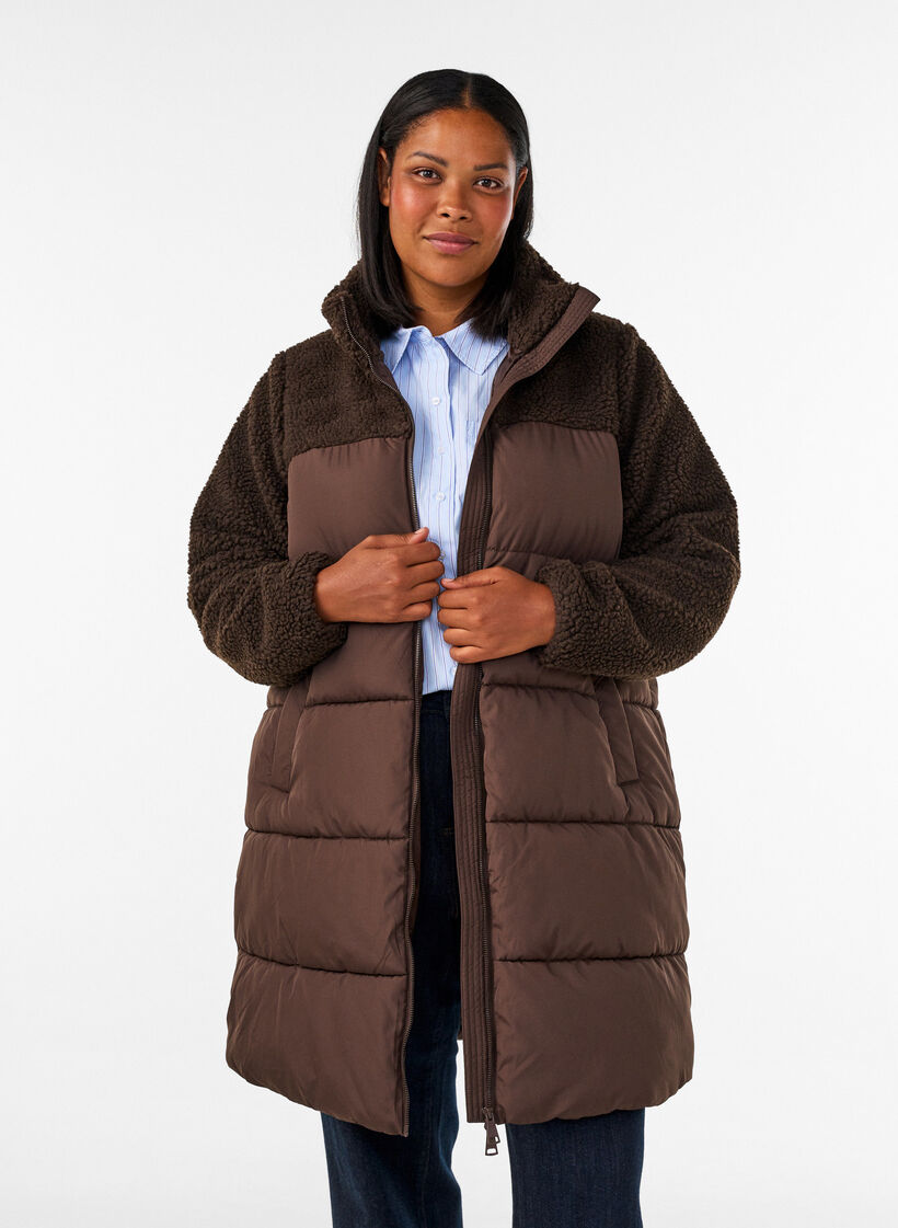 Mid-length puffer jacket with teddy fleece, Brown, Model image number 0