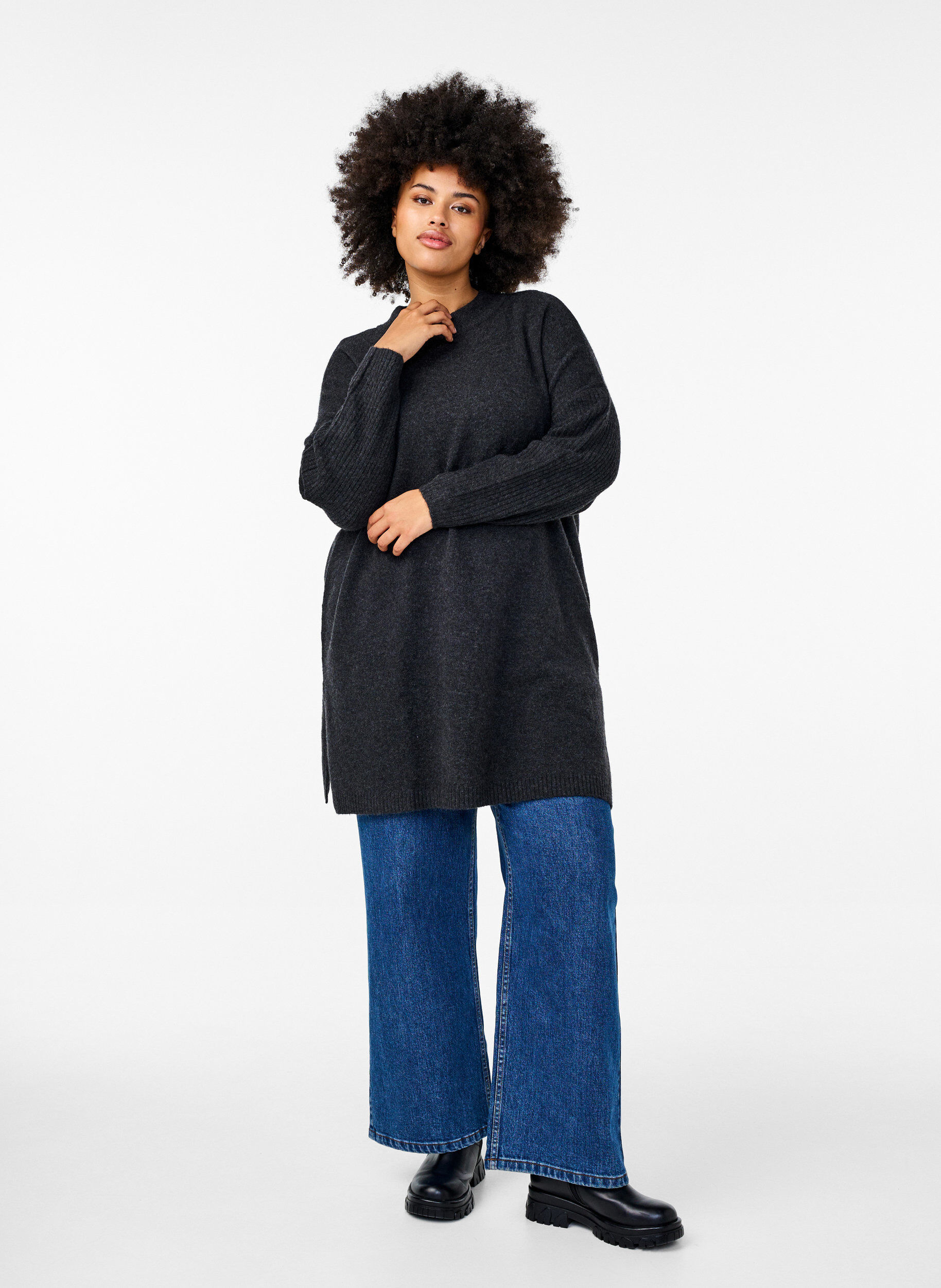 Zizzifashion Long knitted blouse with long sleeves, Dark Grey Melange, Model image number 2