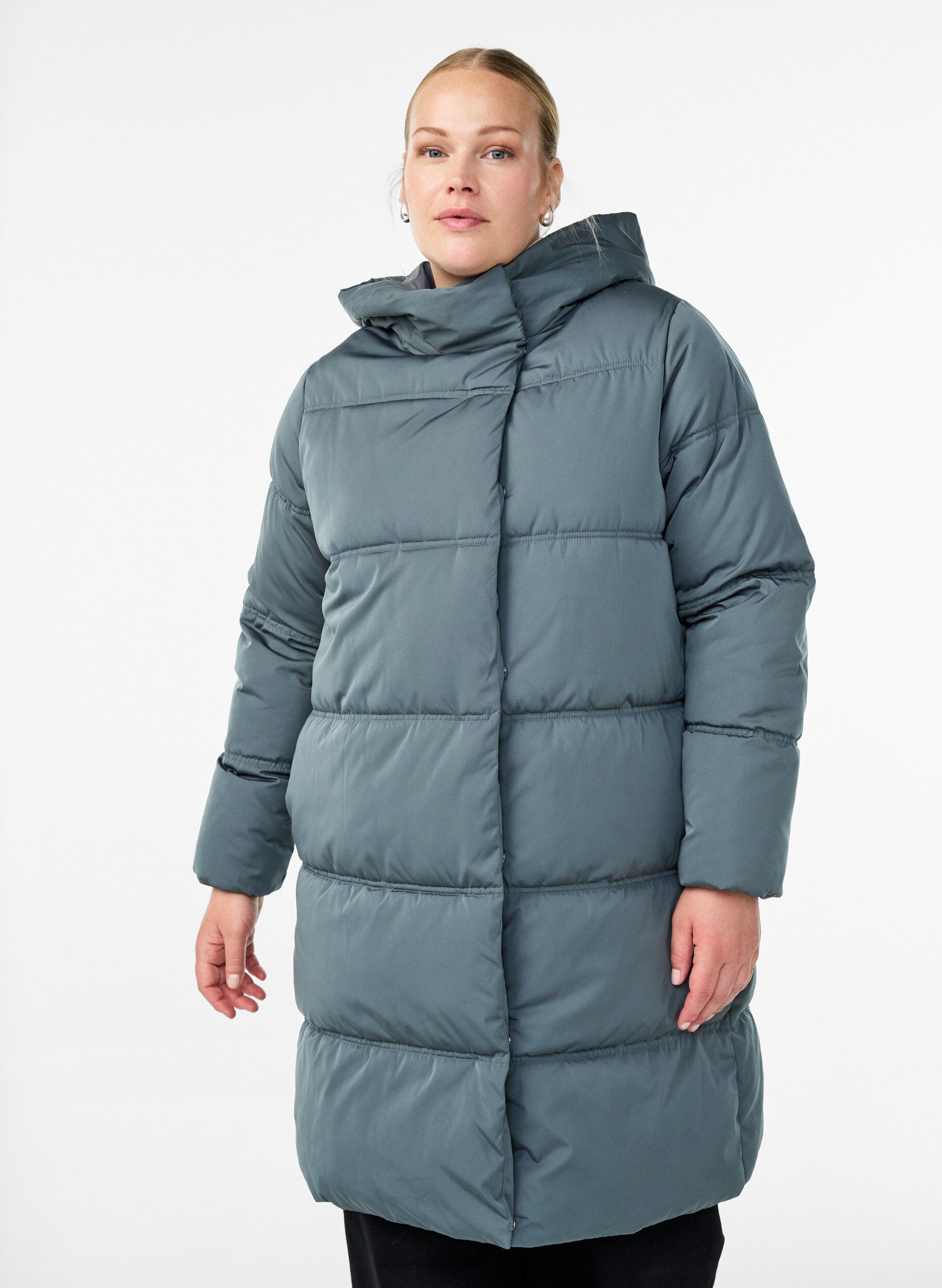 Long hooded puffer jacket, Blue, Model