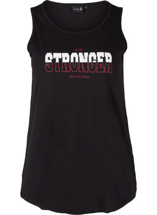 Sleeveless cotton sports top with print, Black Stronger, Packshot image number 0