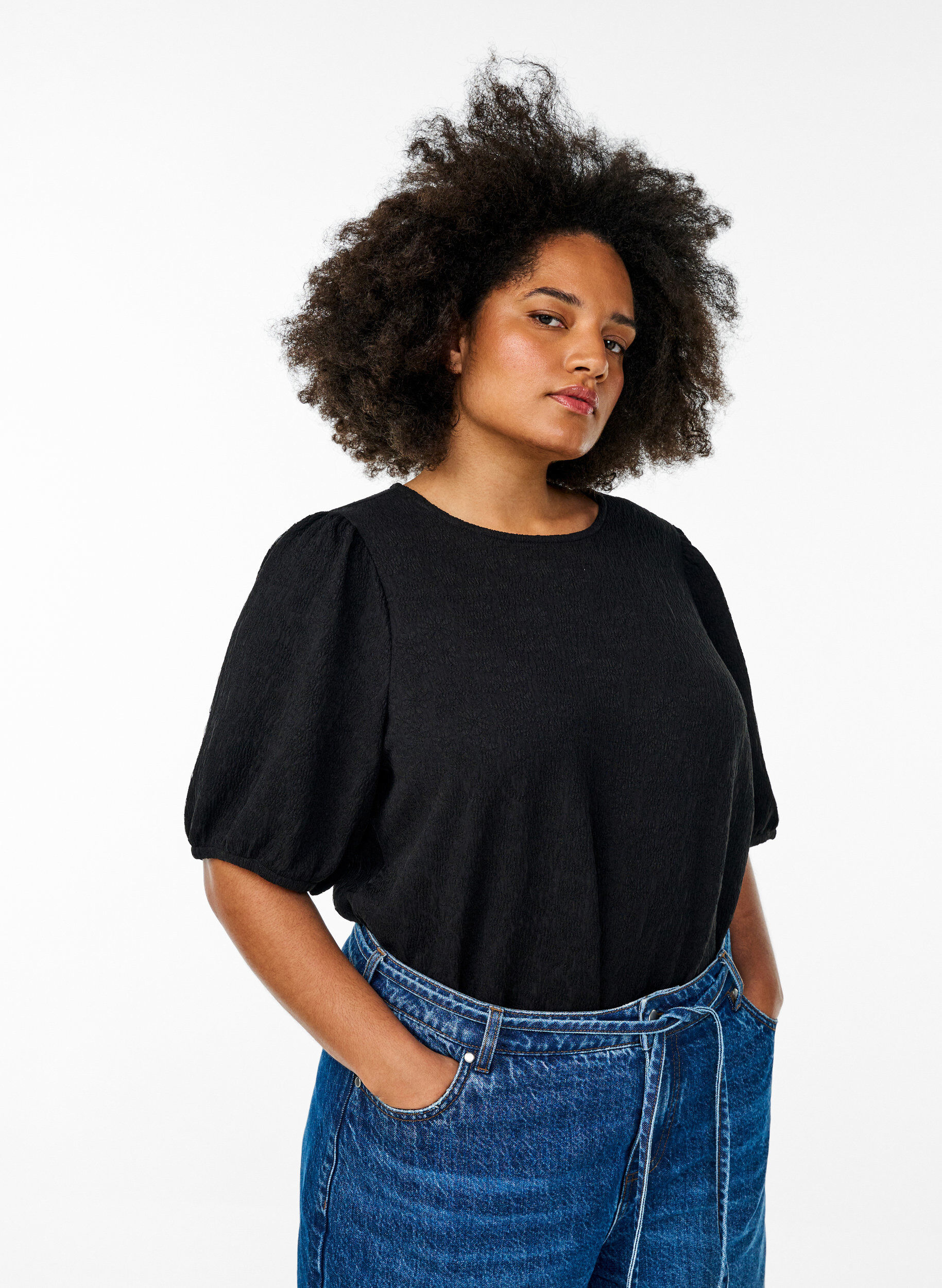 Zizzifashion Structured blouse with short sleeves, Black, Model image number 0