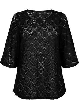 Crochet blouse with 3/4 sleeves, Black, Packshot image number 0