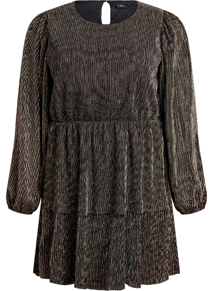 Short dress with glitter stripes and long sleeves, Black, Packshot image number 0