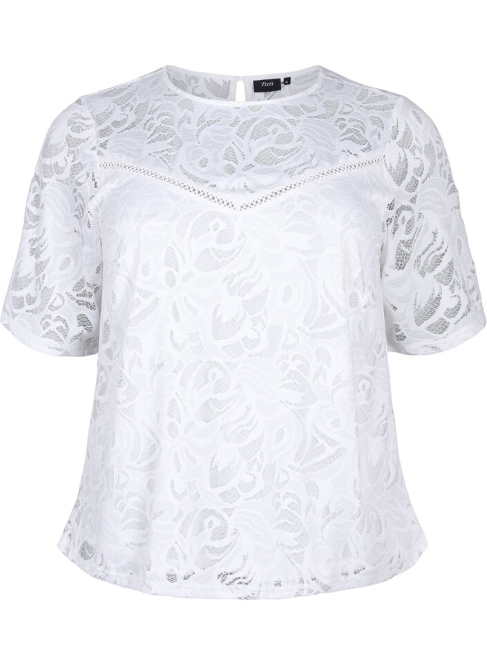 Lace blouse with short sleeves, Bright White, Packshot image number 0