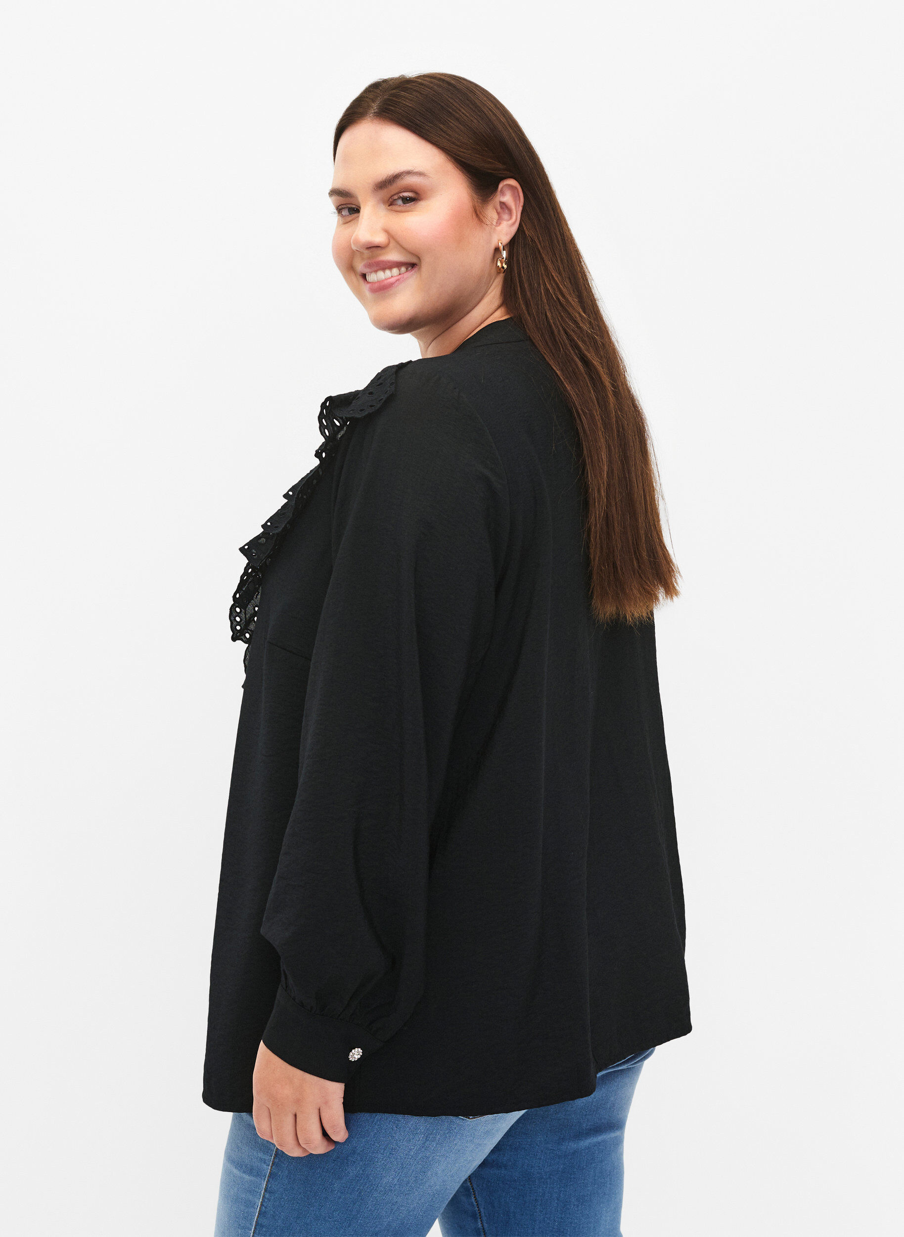 Zizzifashion Viscose shirt blouse with ruffles, Black, Model image number 1