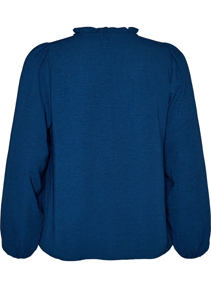 Blouse with V-neck and crochet band, Blue, Packshot image number 1