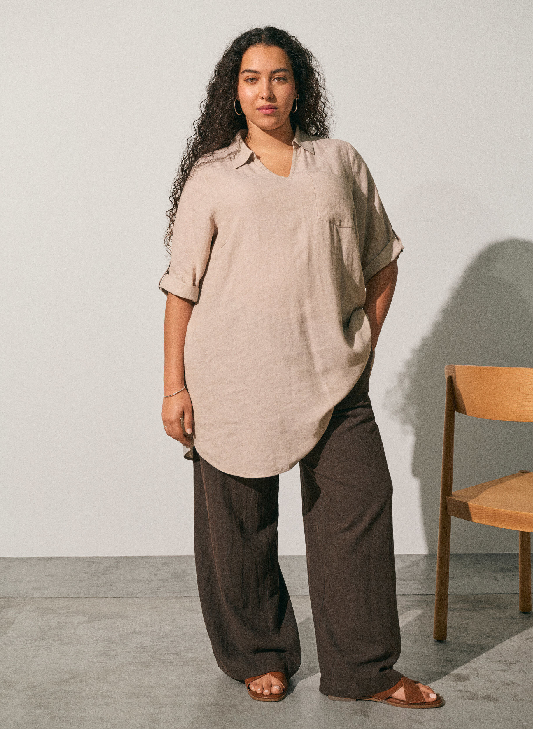 Zizzifashion Linen and viscose tunic with A-shape, Beige, Image image number 0