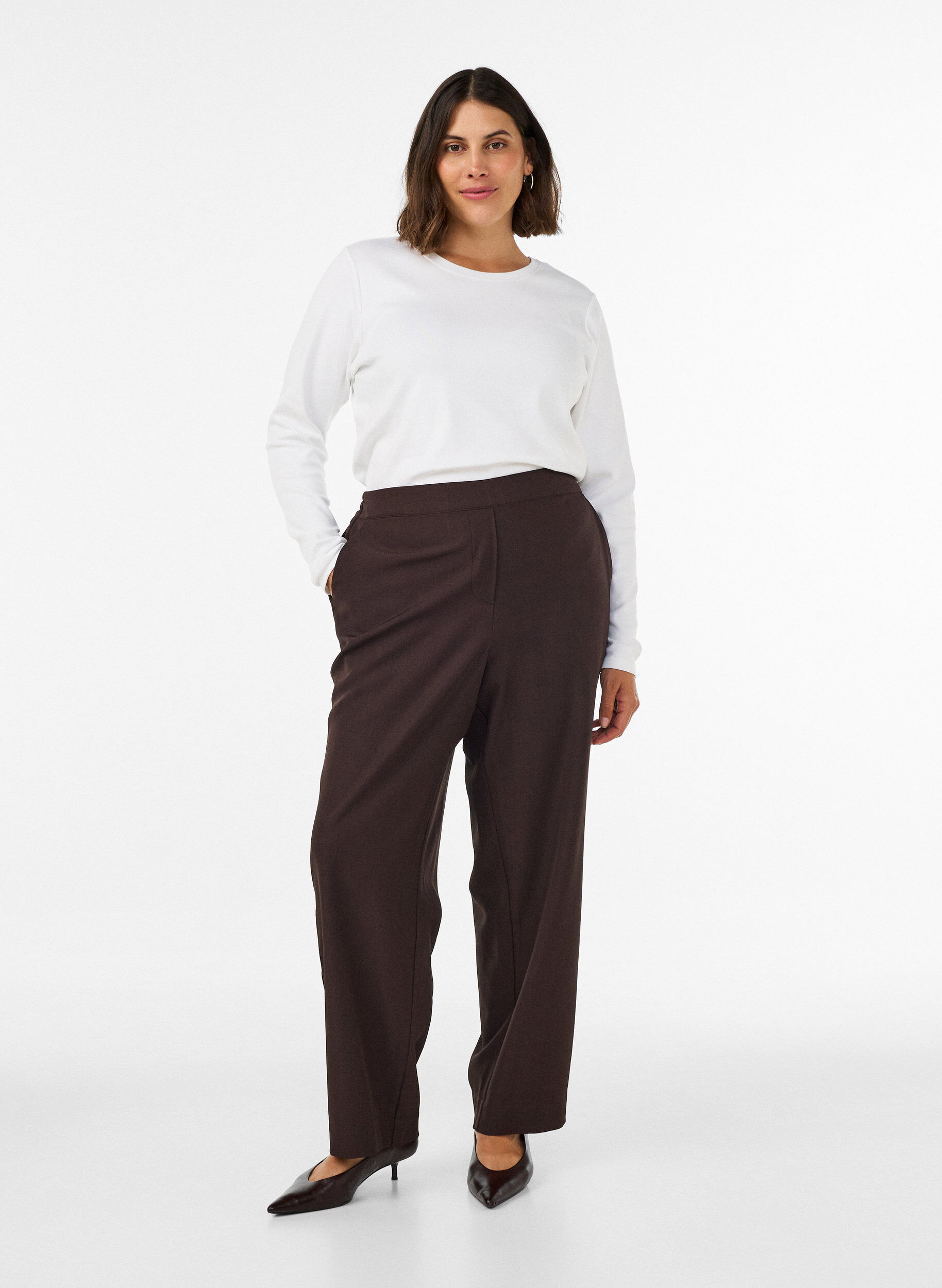 ZizzifashionLong-sleeved basic T-shirt with a round neck, White, Model image number 1