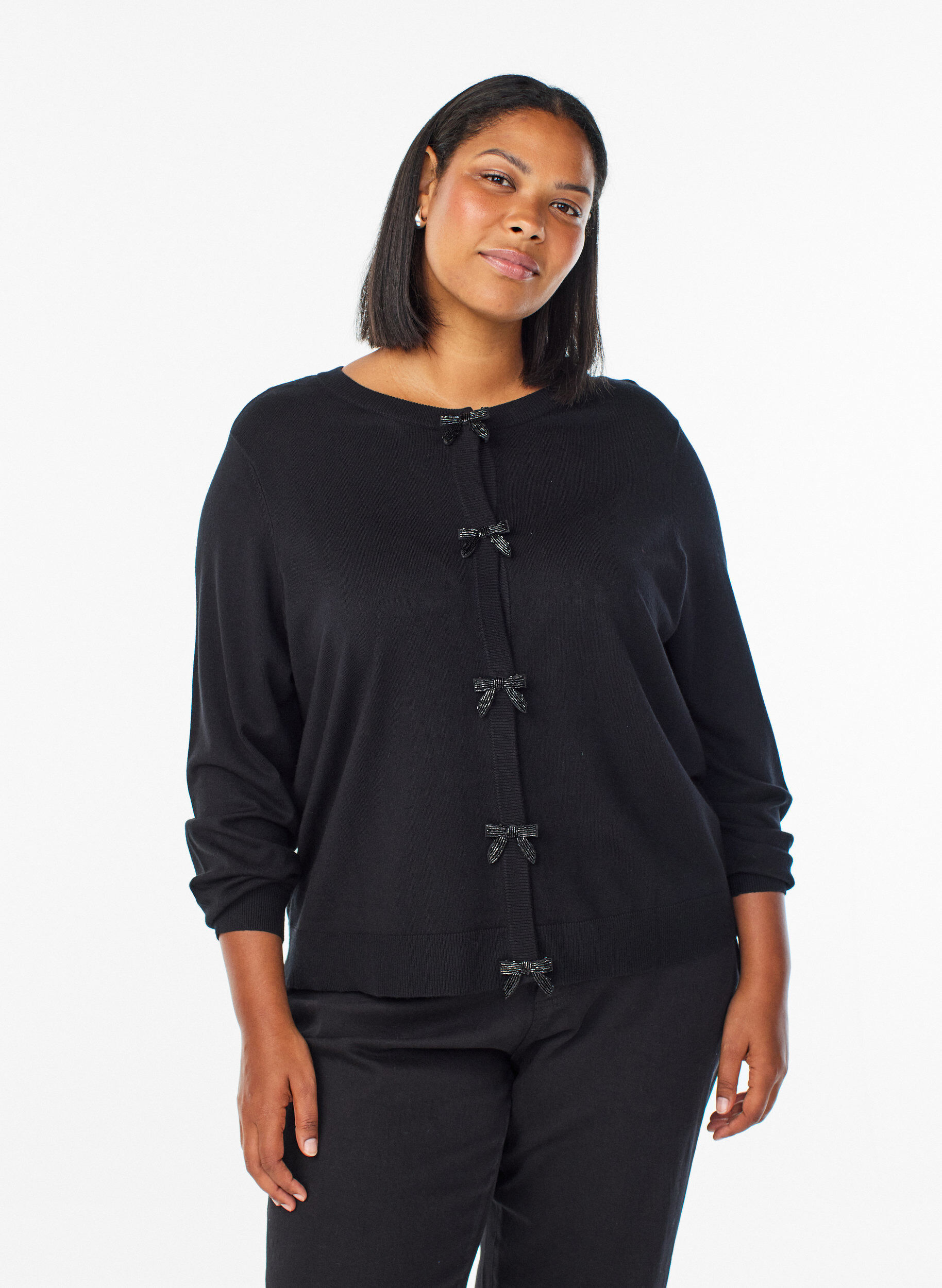 ZizzifashionCardigan with pearl-embroidered bows and press studs, Black, Model image number 0