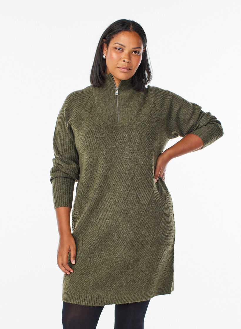 Knee-length knitted dress with high neck, Green, Model image number 0