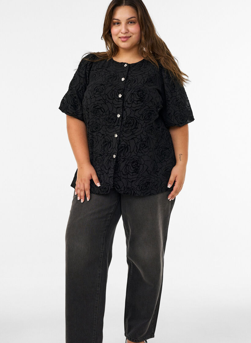 Blouse with floral pattern and balloon sleeves, Black, Model image number 1