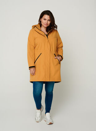 Long, hooded softshell jacket, Spruce Yellow, Model image number 2