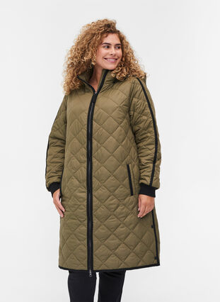 Quilted thermal jacket with hood and zipper, Forest Night, Model image number 0