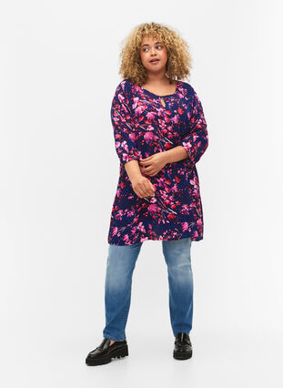 Tunica in viscose with 3/4 sleeves, B. Blue/Pink Flower, Model image number 2