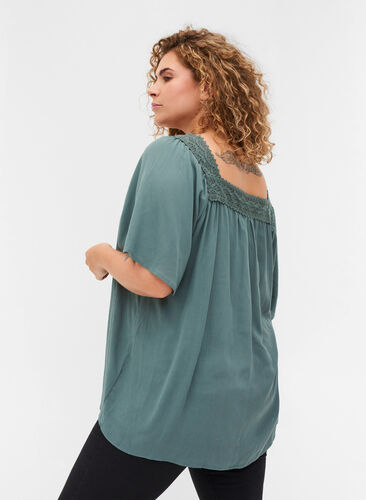Short-sleeved viscose blouse with lace, Balsam Green, Model image number 1