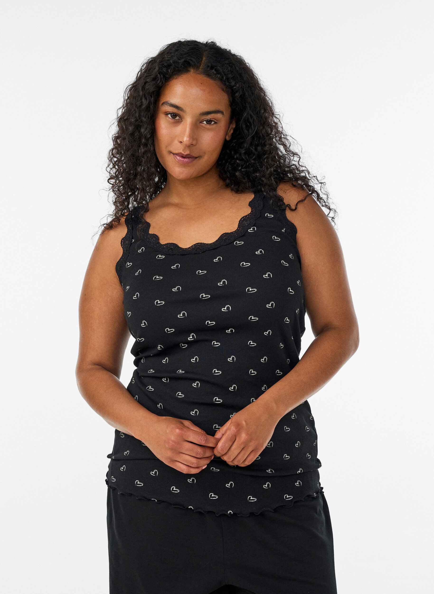 ZizzifashionTop with print and lace edge, Black, Model image number 0