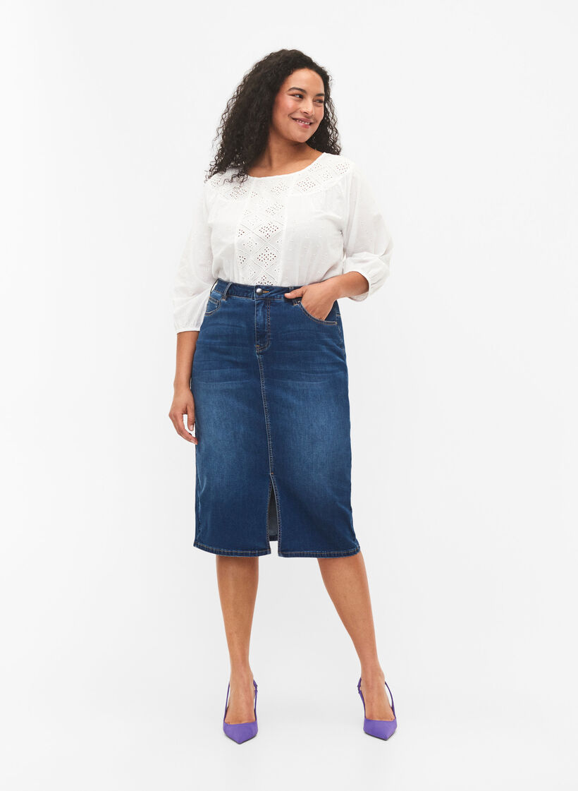 Denim midi skirt with slits, Blue, Model image number 0