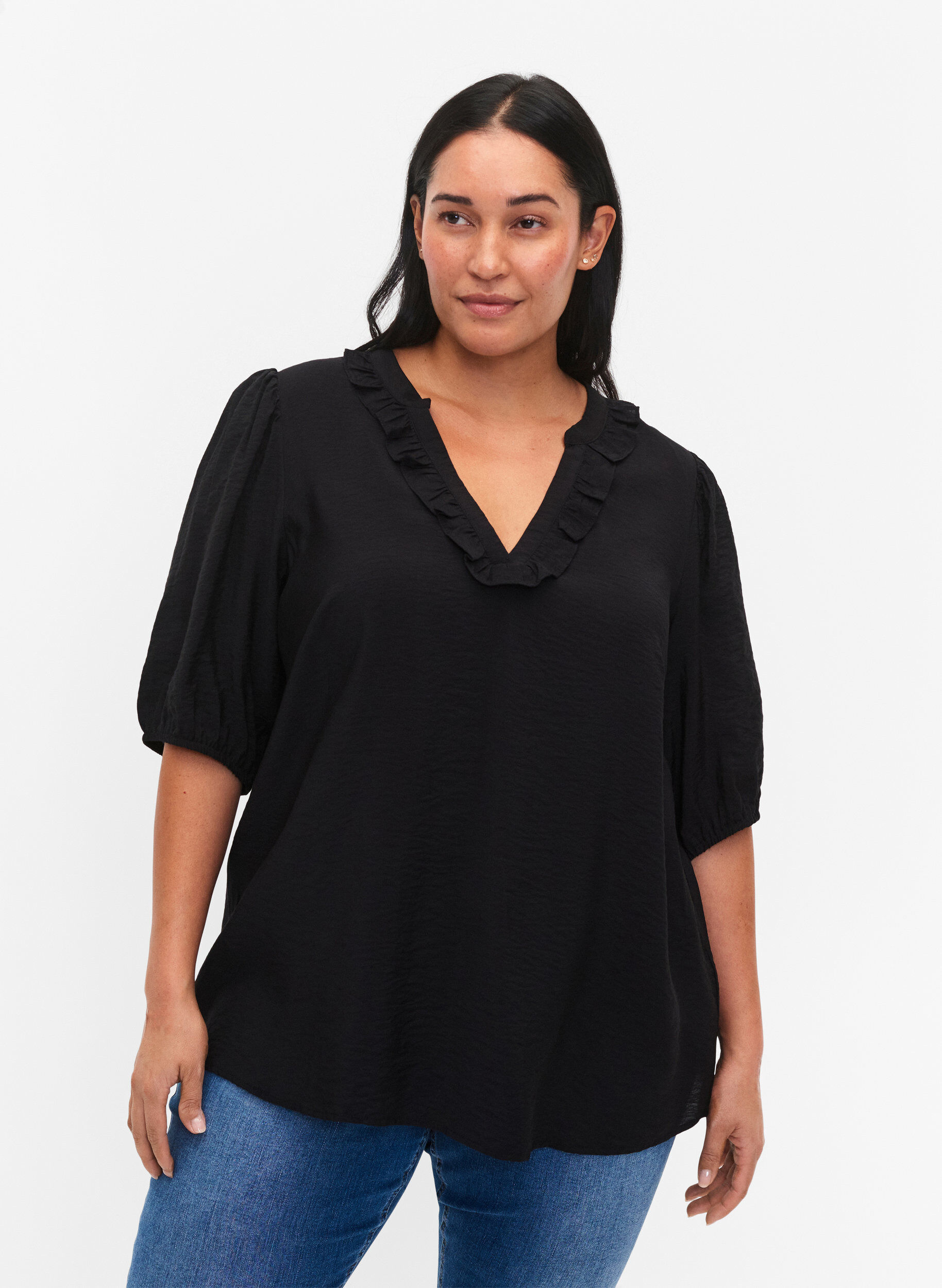 Zizzifashion Viscose blouse with puff sleeves and ruffles, Black, Model image number 0