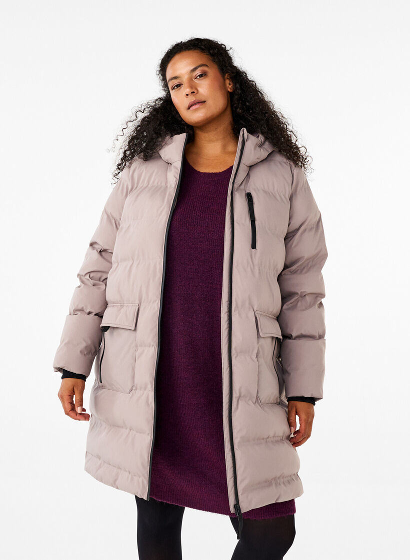 Puffer coat with hood and pockets, Beige, Model image number 0