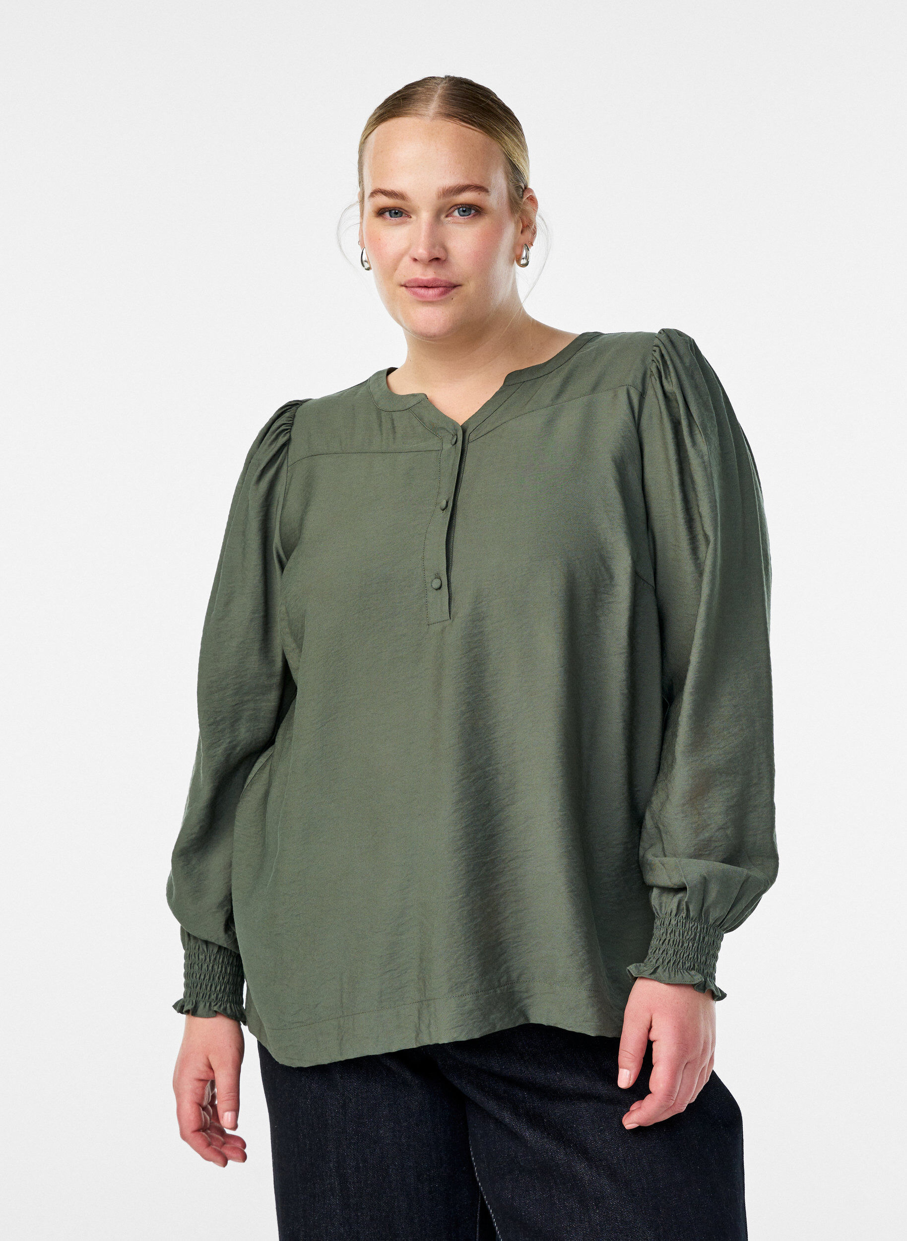 Viscose blouse with smock and gathered details, Green, Model