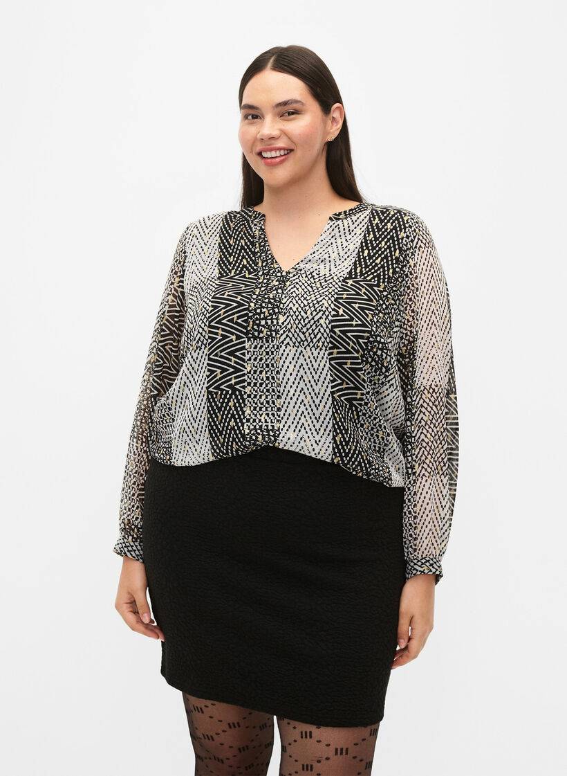 Printed blouse with v-neckline, Black, Model image number 0