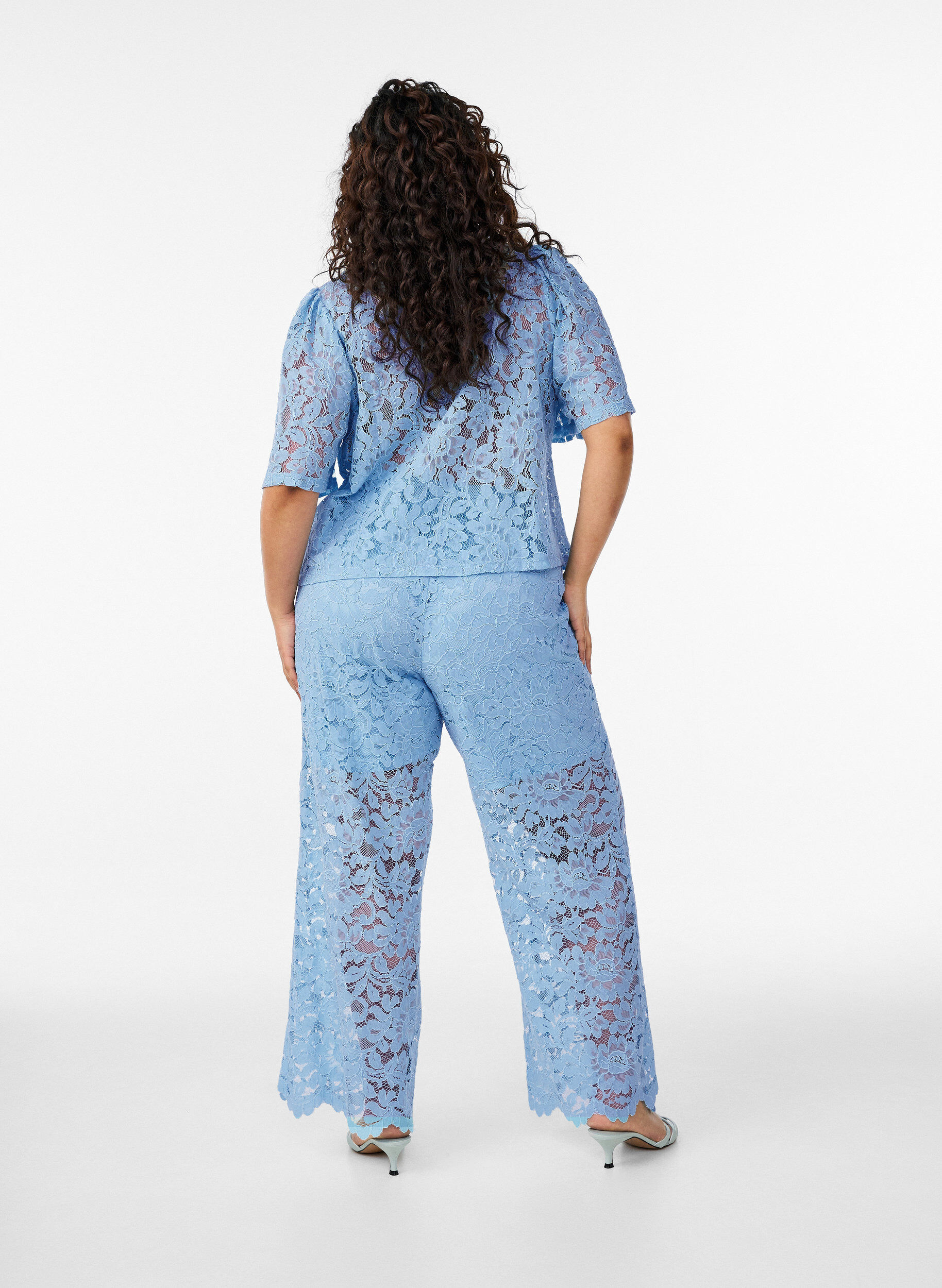 Zizzifashion High-waisted lace trousers with straight legs, Blue, Model image number 1