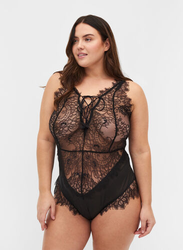 Lace bodysuit with mesh, Black, Model image number 0