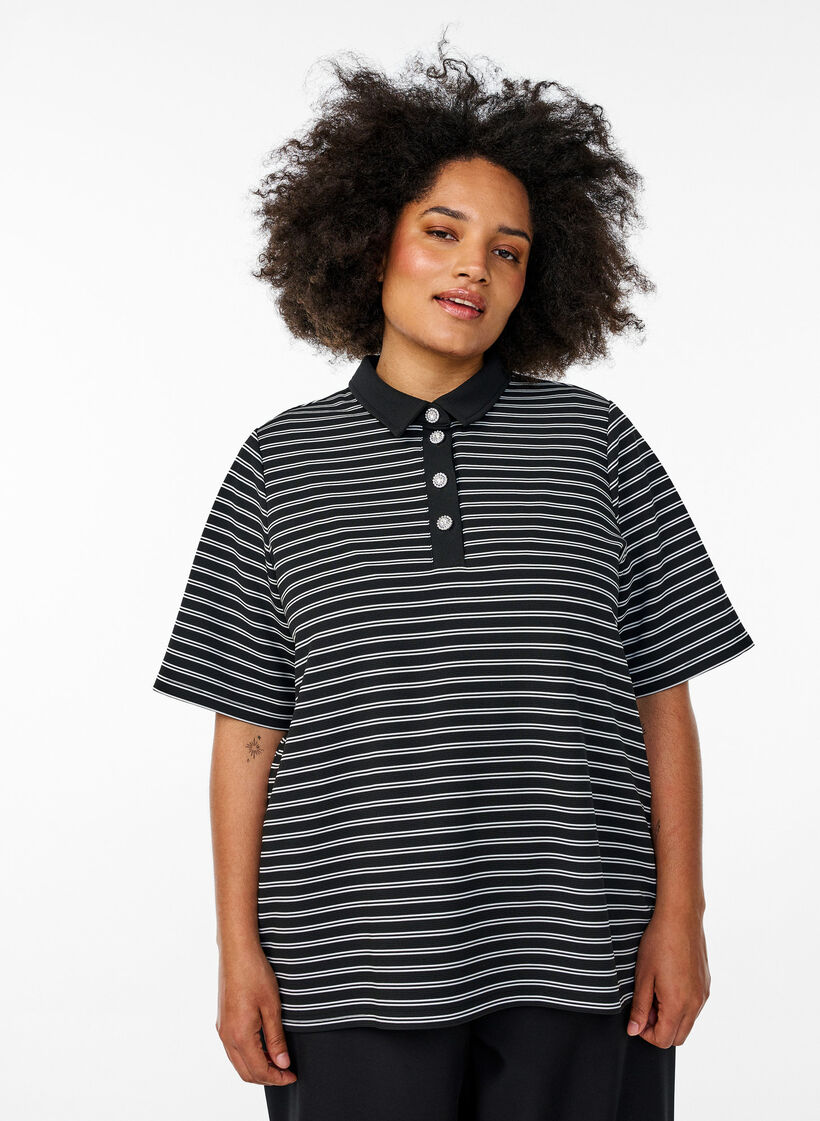 Striped polo shirt with short sleeves and buttons, Black, Model image number 0