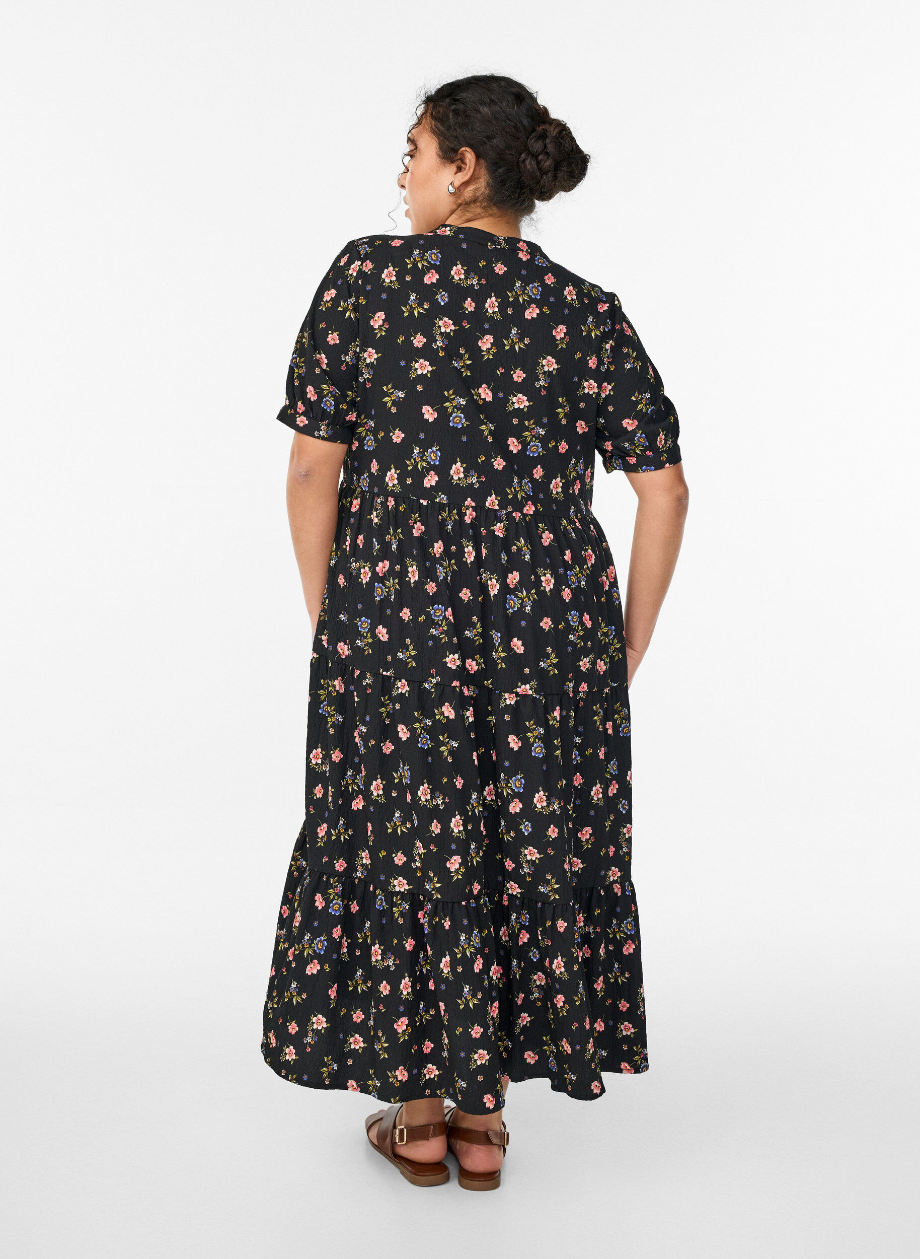 Zizzifashion Ankle-length dress with short sleeves and tiered ruffles, Black, Model image number 1