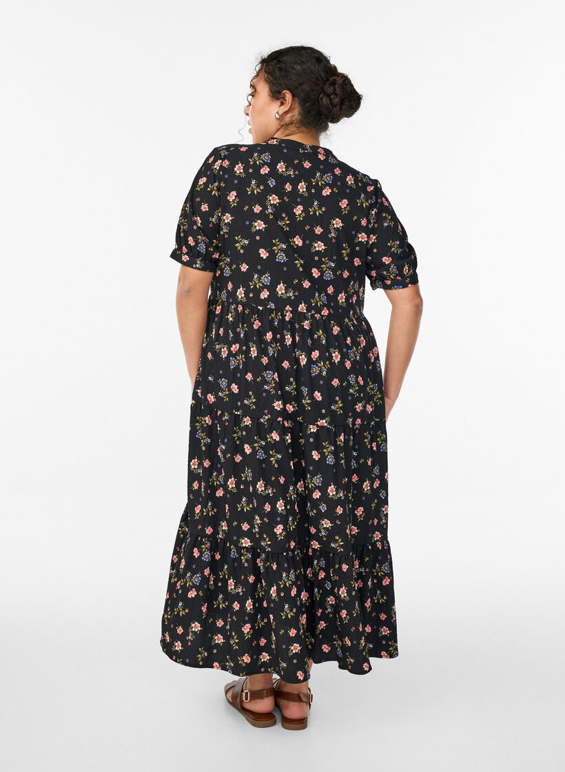 Ankle-length dress with short sleeves and tiered ruffles, Black, Model image number 1