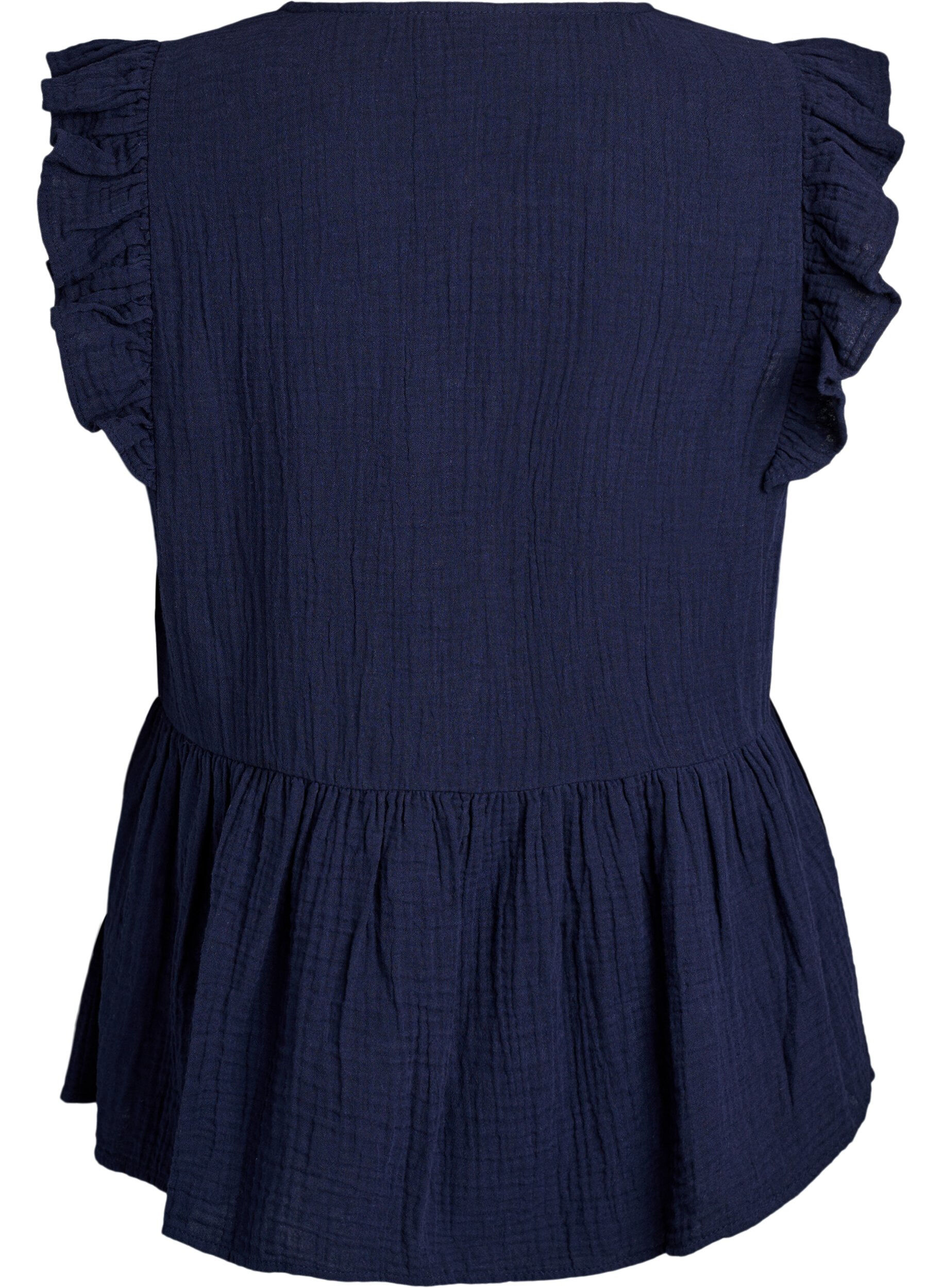 Zizzifashion Sleeveless cotton muslin blouse with ruffles, Blue, Packshot image number 1