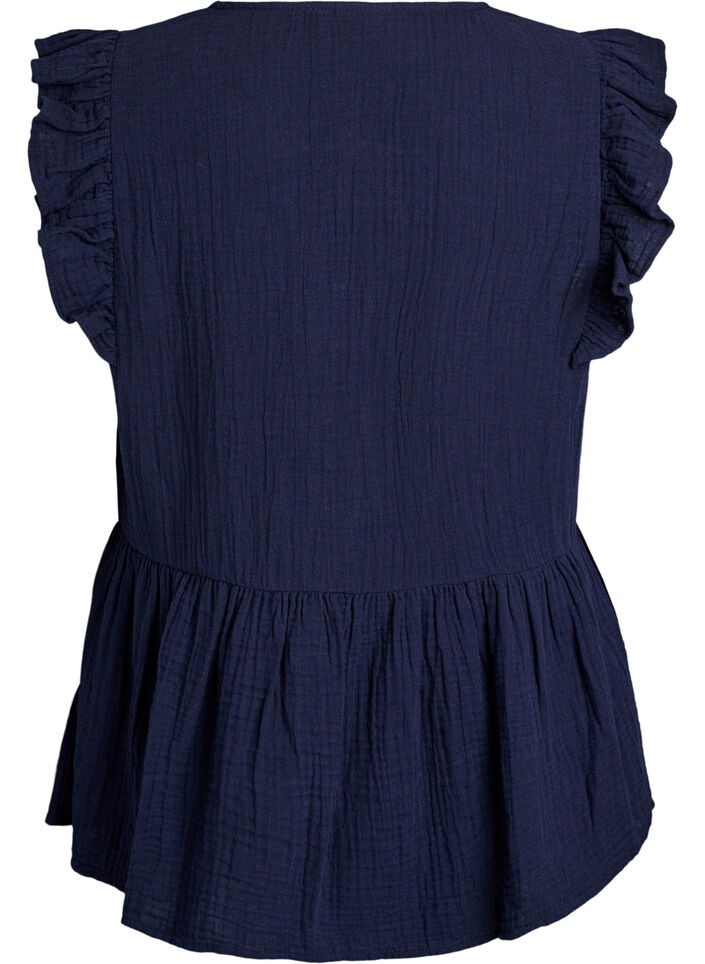 Sleeveless cotton muslin blouse with ruffles, Blue, Packshot image number 1
