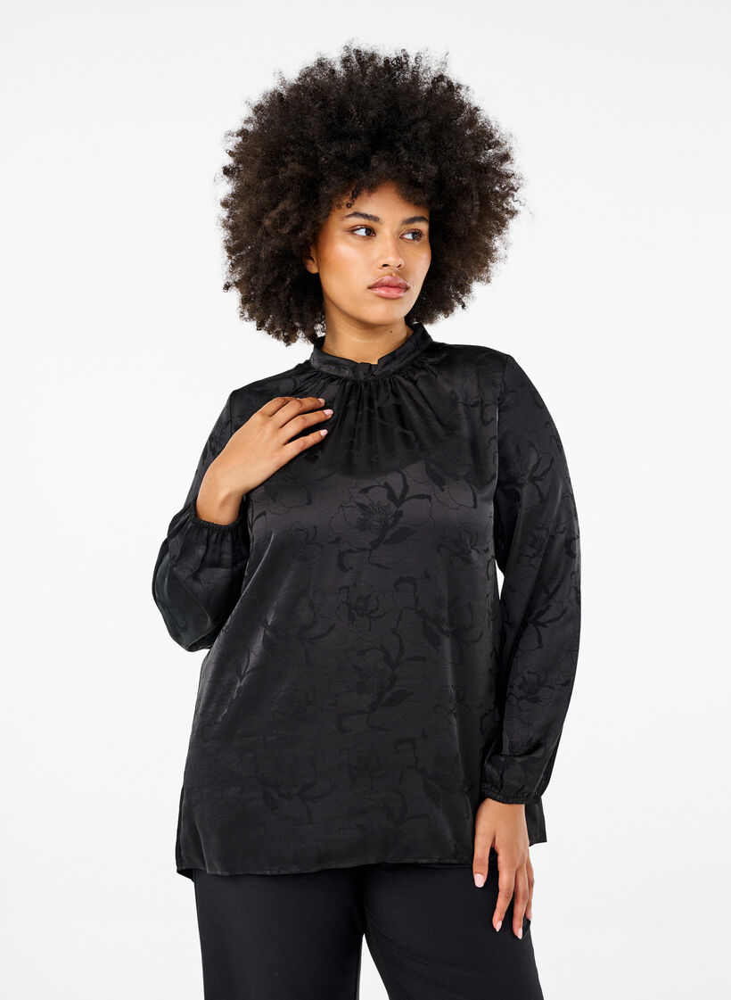 Satin blouse with tone-on-tone pattern, Black, Model image number 0