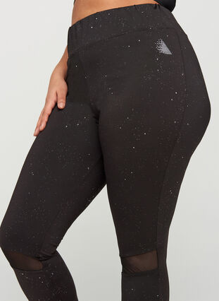 Cropped sports leggings with print and mesh, Black, Model image number 3