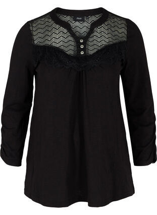 Blouse in organic cotton with lace, Black, Packshot image number 0