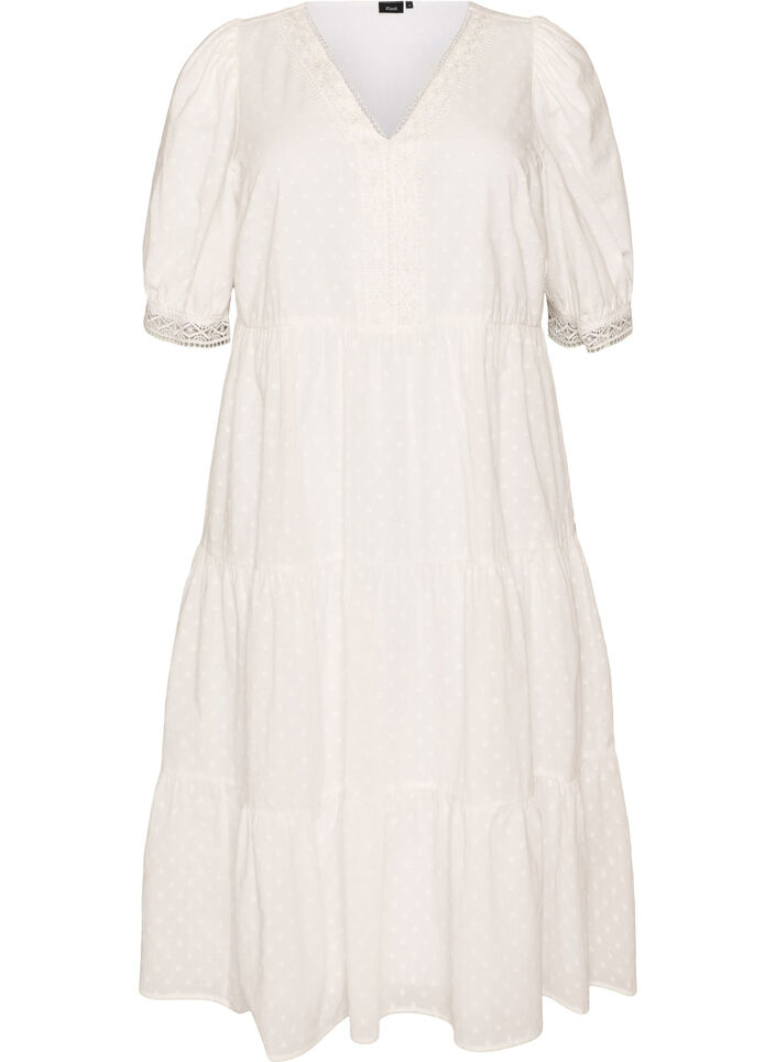 Textured cotton midi dress with crochet details, White, Packshot image number 0