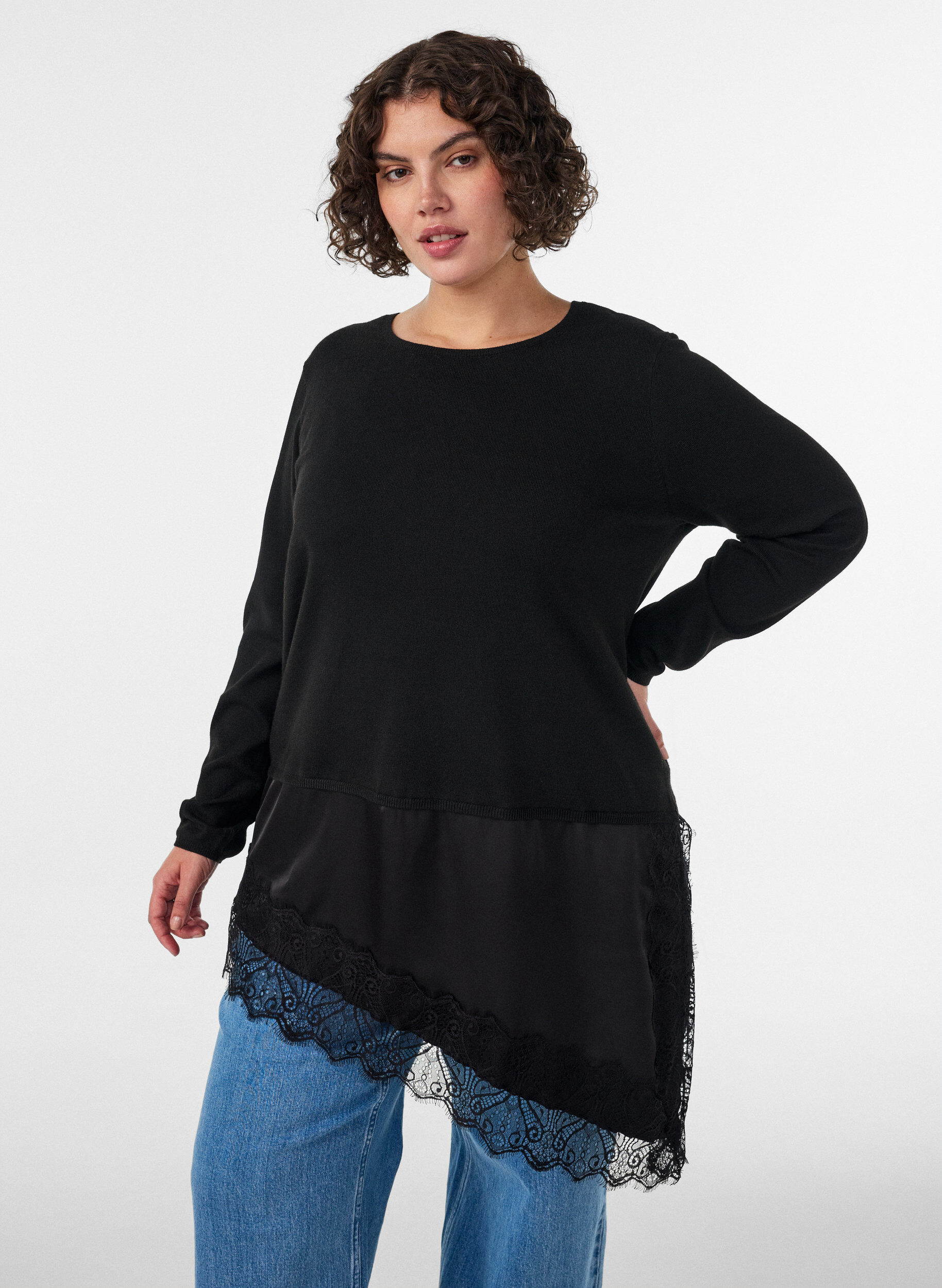 ZizzifashionKnitted blouse with layered effect and lace trim, Black, Model image number 0
