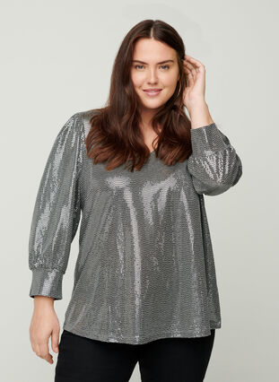 Sequined blouse with 3/4 length sleeves, Silver, Model image number 0