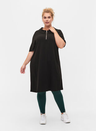 Short-sleeved dress with a collar and zip, Black, Model image number 2
