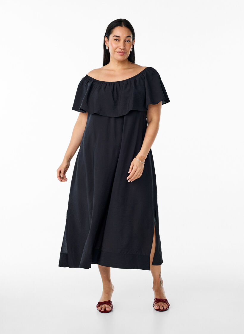 Midi-length dress with ruffled hem and slit, Black, Model image number 0