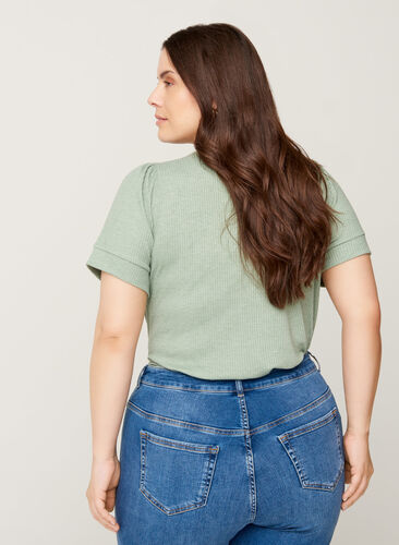 Short-sleeved ribbed t-shirt made from a viscose mix, Lily Pad, Model image number 1