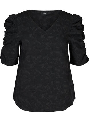 Textured puff sleeve blouse, Black, Packshot image number 0