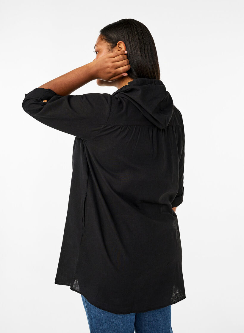 Hooded tunic in cotton and linen, Black, Model image number 1